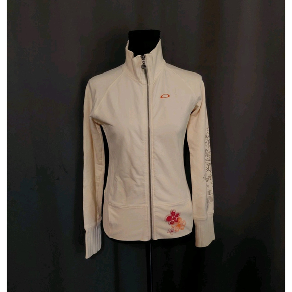 Oakley Woman’s Vintage Zip Up Size XS Cream Orange Tropical Floral Embroidery - Picture 10 of 10
